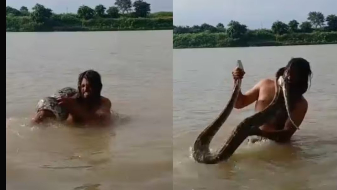 बेतवा नदी में नहाते समय 15 फीट लंबे अजगर ने स्नेक कैचर कन्हैया जोशी को जकड़ लिया
